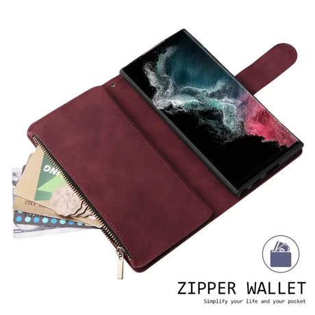 The zipper wallet case is made from genuine leather